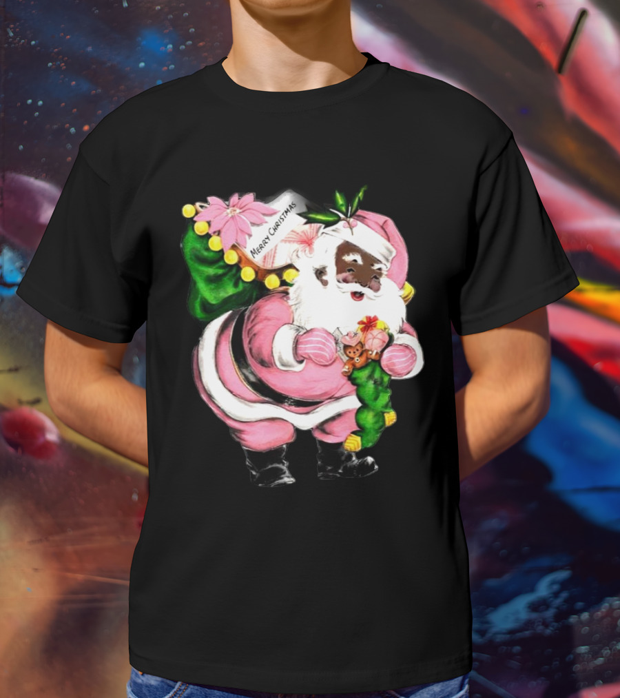 Merry Christmas Pink African-American Black Santa Claus With Gifts T-Shirt