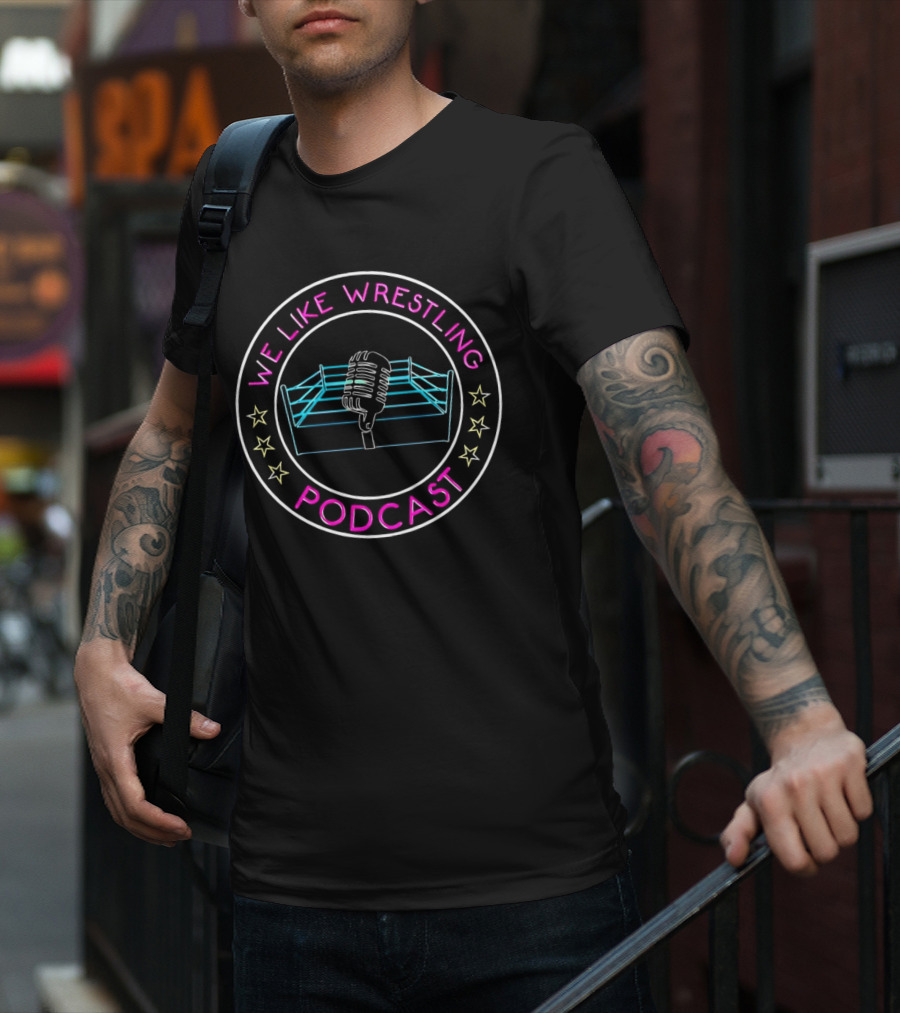 We Like Wrestling Podcast Neon Ring Microphone Stars T-Shirt