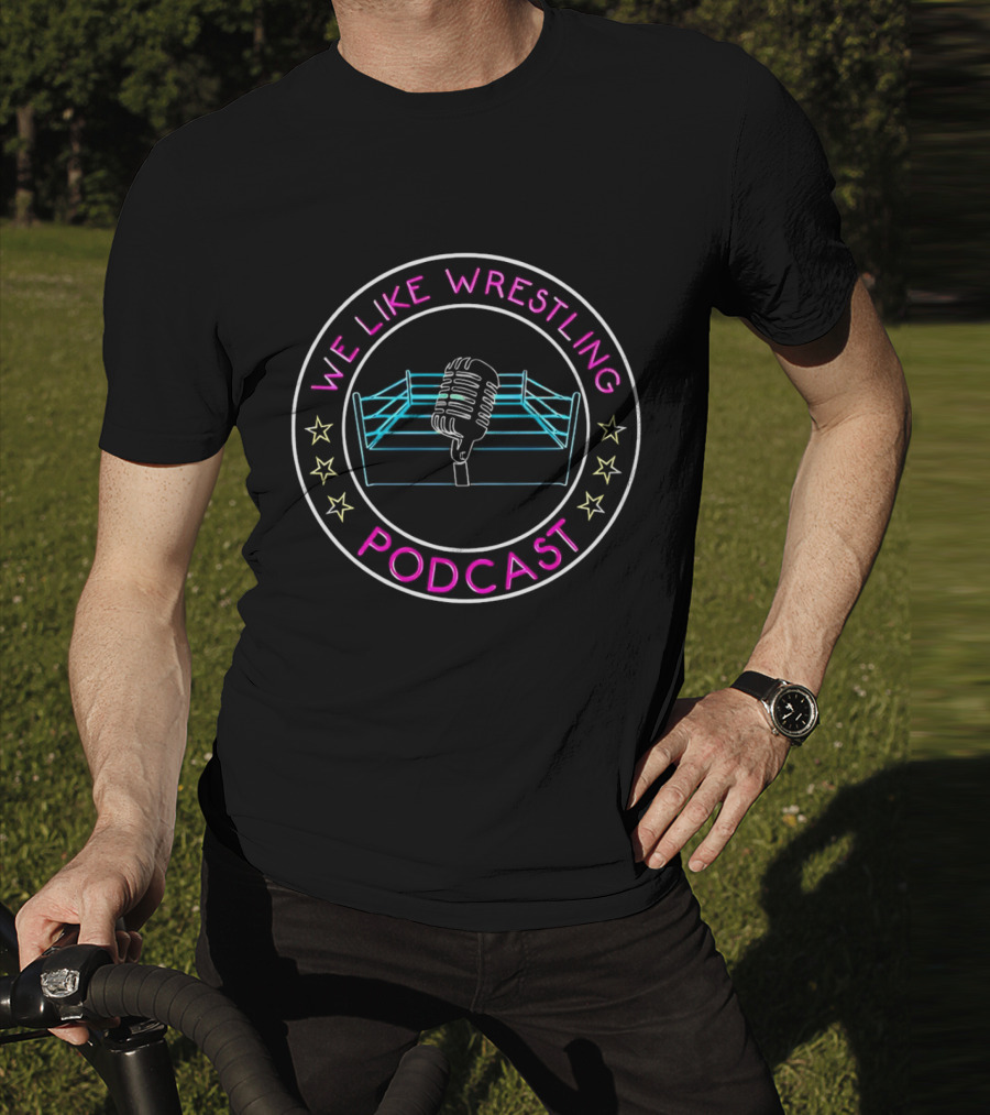 We Like Wrestling Podcast Neon Ring Microphone Stars T-Shirt