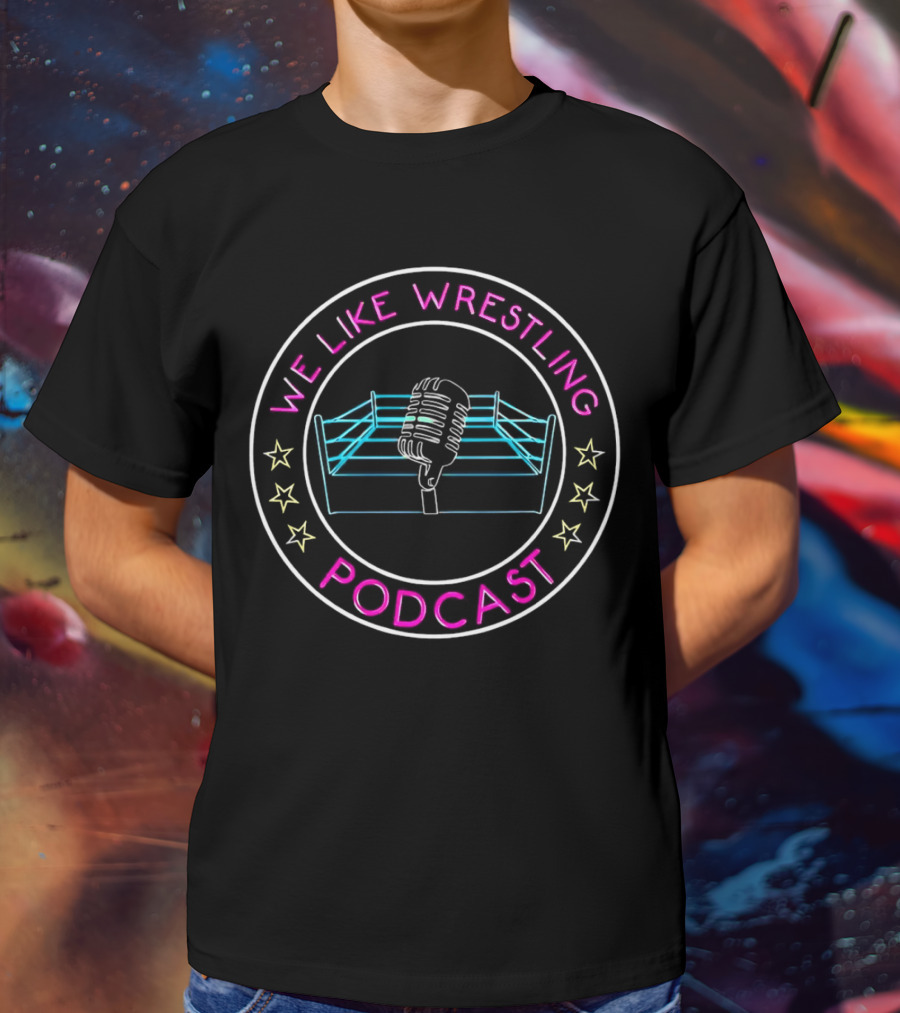 We Like Wrestling Podcast Neon Ring Microphone Stars T-Shirt