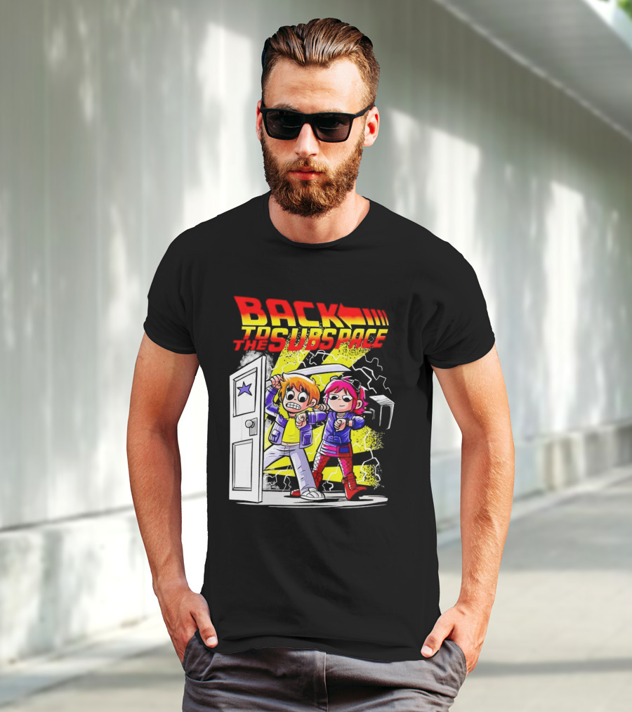 Back To The Subspace Scott Pilgrim And Ramona With Retro Door And Lightning T-Shirt