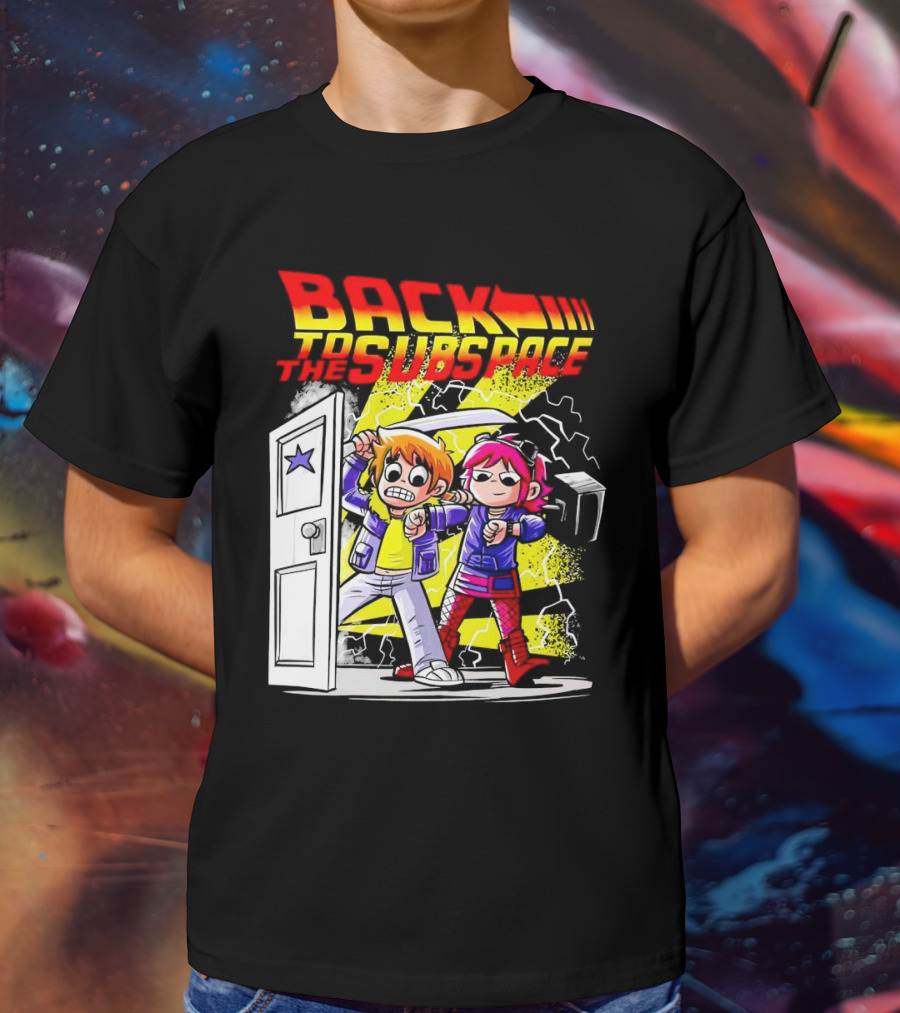 Back To The Subspace Scott Pilgrim And Ramona With Retro Door And Lightning T-Shirt