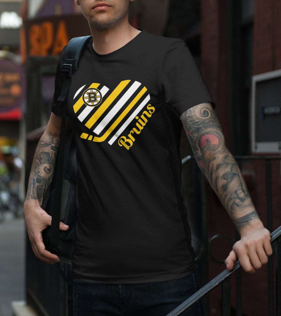 Boston Bruins Stripes Heart With Hockey Stick T-Shirt