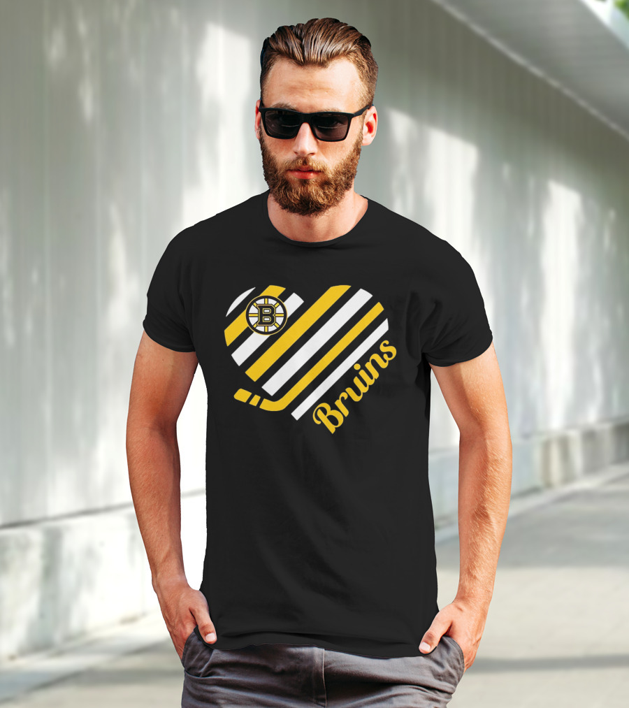 Boston Bruins Stripes Heart With Hockey Stick T-Shirt