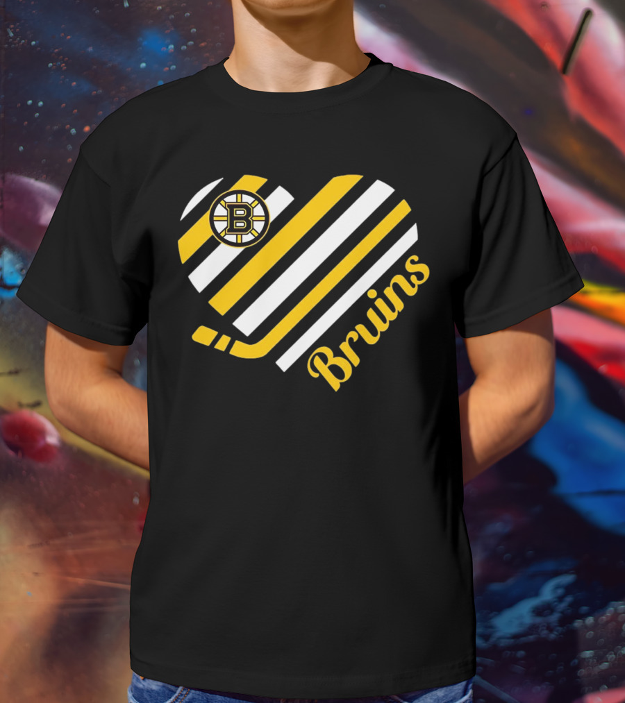 Boston Bruins Stripes Heart With Hockey Stick T-Shirt