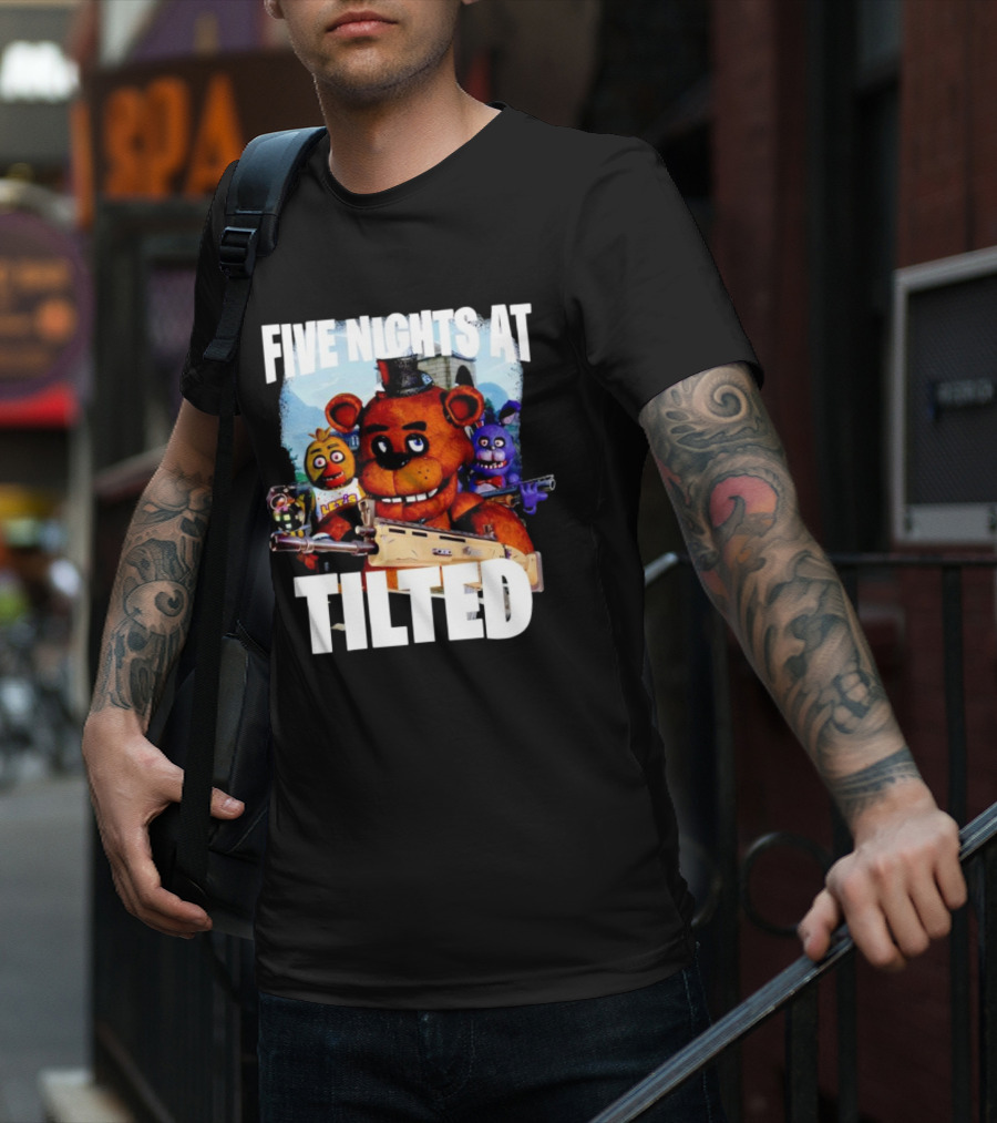 Five Nights At Tilted Freddy Bear Characters With Guns T-Shirt