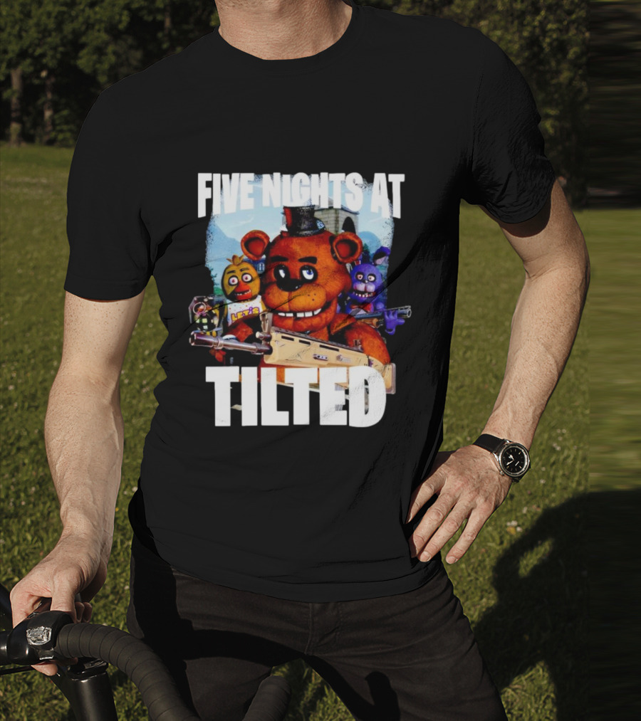 Five Nights At Tilted Freddy Bear Characters With Guns T-Shirt