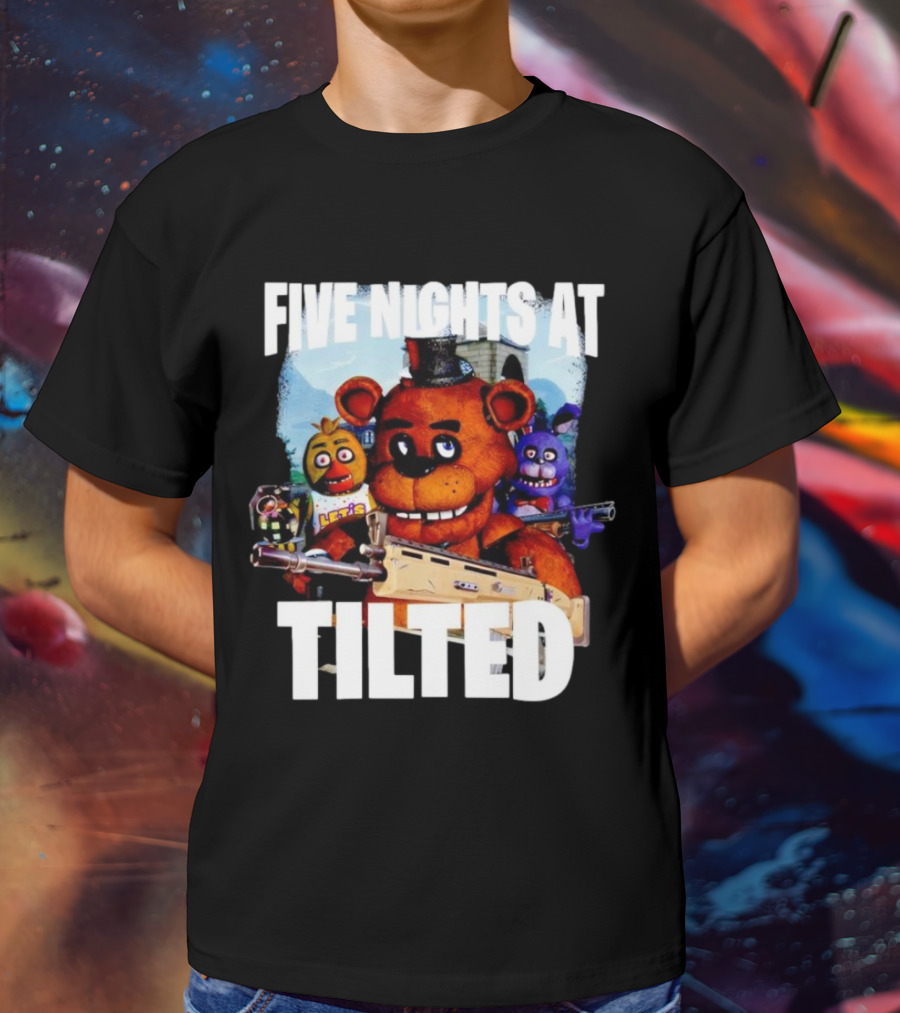 Five Nights At Tilted Freddy Bear Characters With Guns T-Shirt