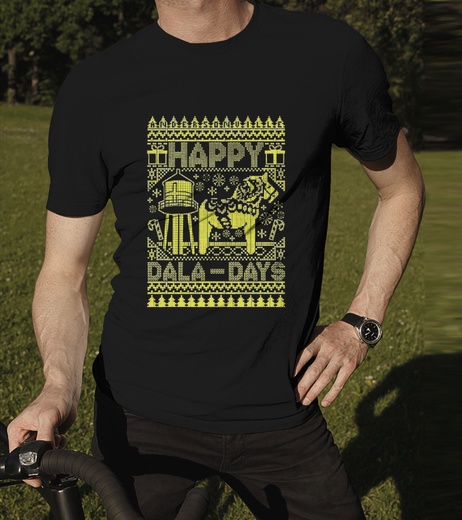 Andersonville Happy Dala Days Christmas Sweater Pattern With Water Tower And Dala Horse T-Shirt