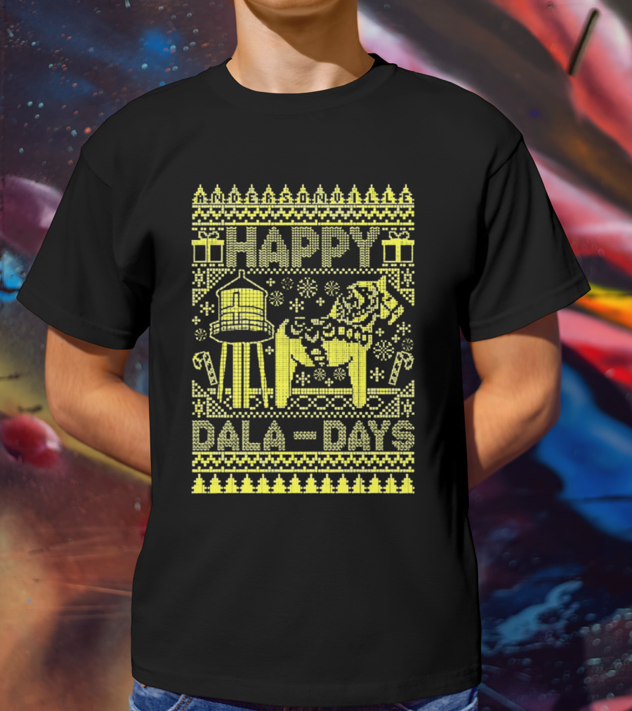 Andersonville Happy Dala Days Christmas Sweater Pattern With Water Tower And Dala Horse T-Shirt