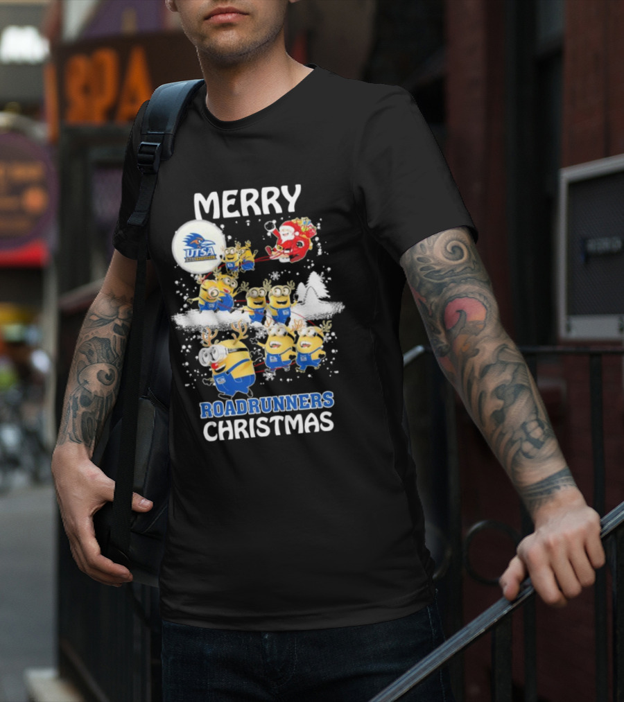 Merry UTSA Roadrunners Minions Christmas With Santa And Reindeer T-Shirt