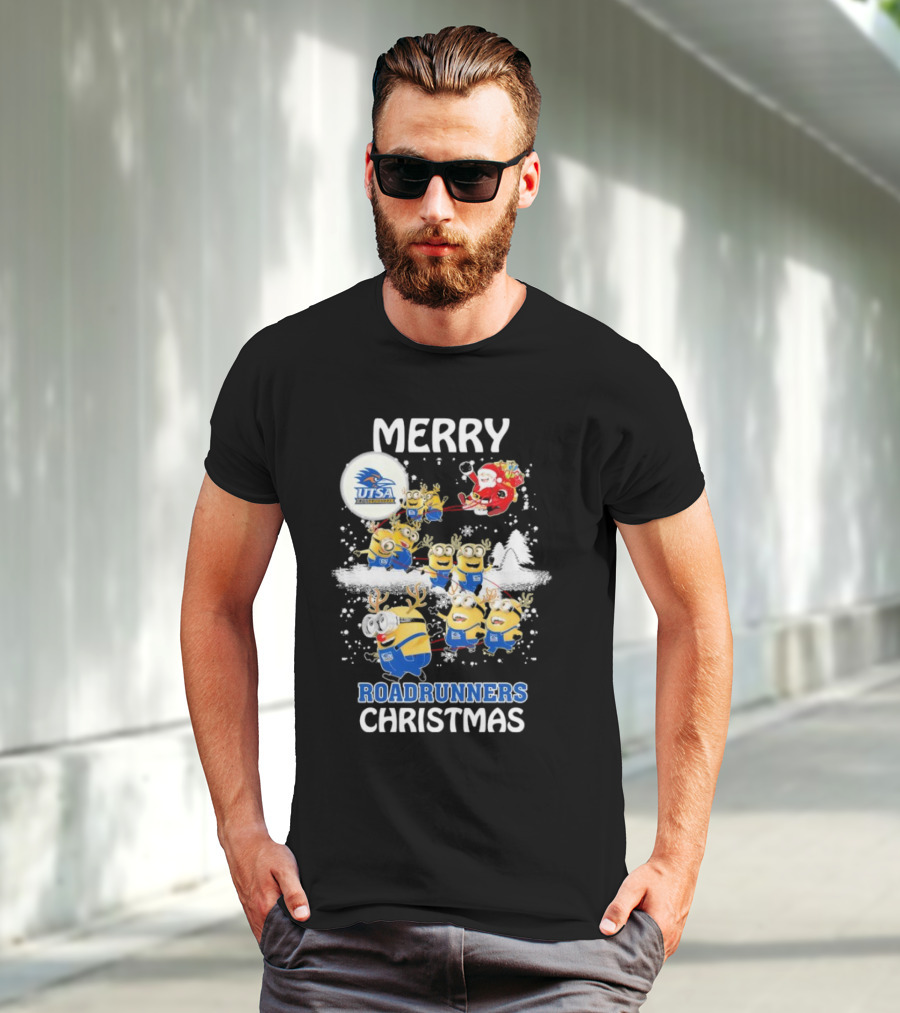 Merry UTSA Roadrunners Minions Christmas With Santa And Reindeer T-Shirt