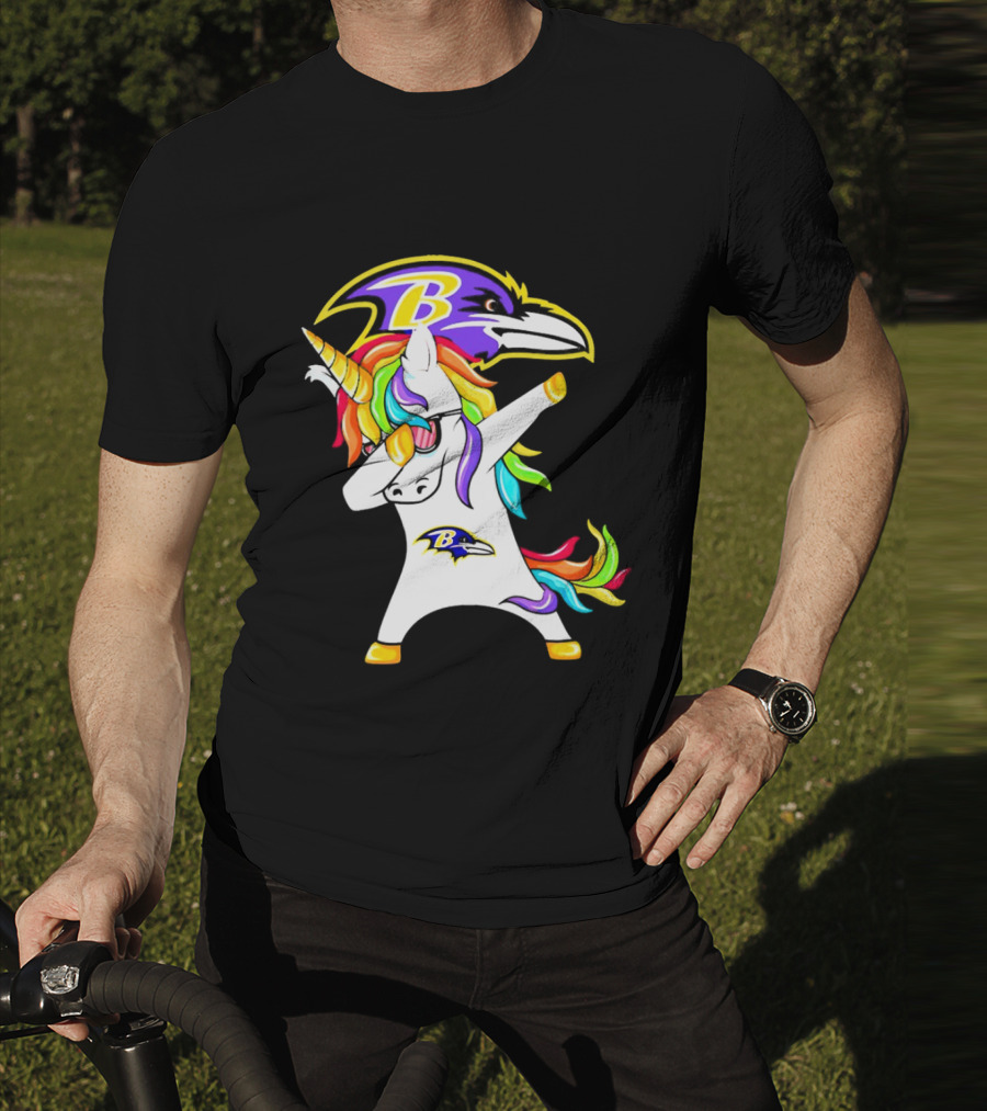 Unicorn Dabbing With Baltimore Ravens Logo And Rainbow Mane T-Shirt