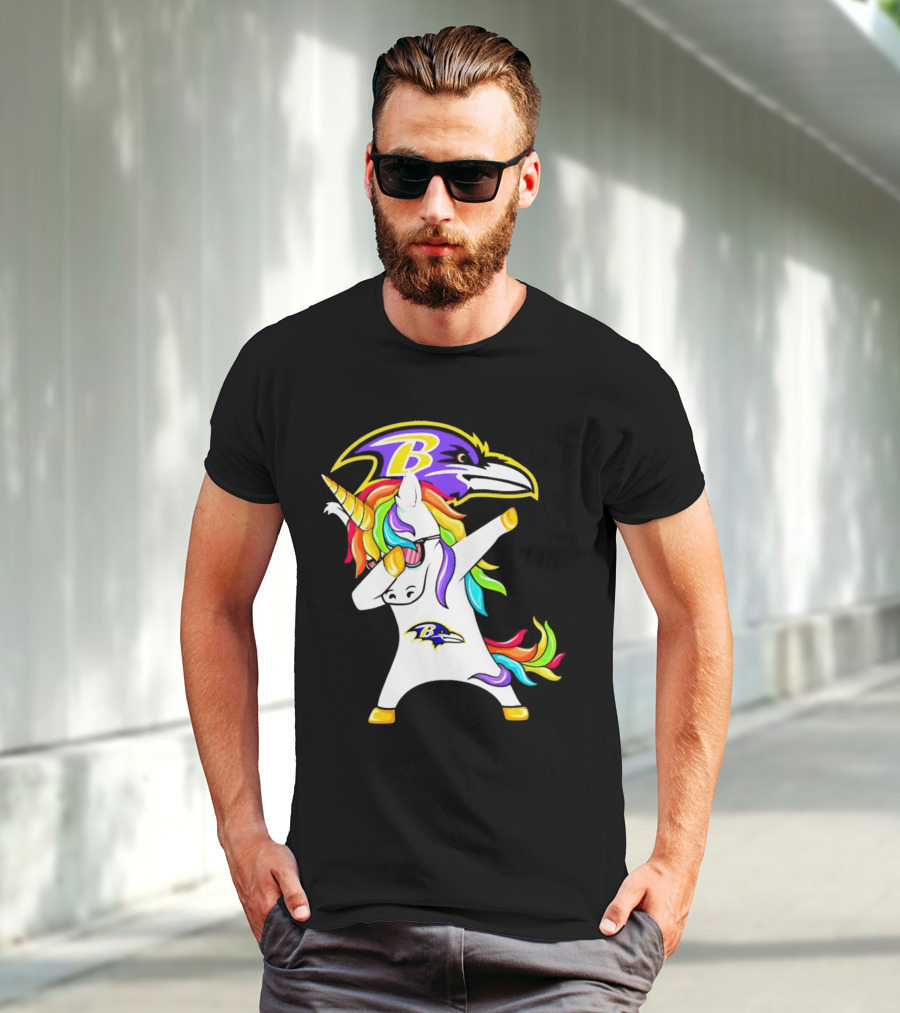 Unicorn Dabbing With Baltimore Ravens Logo And Rainbow Mane T-Shirt