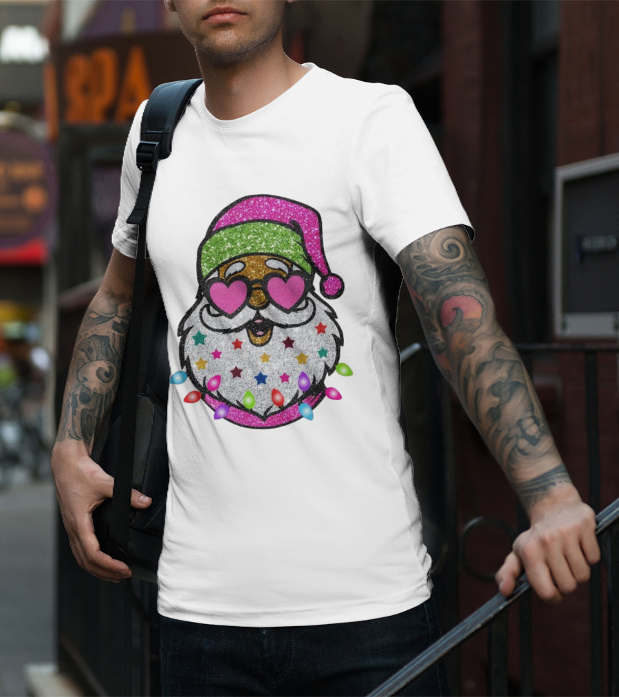 Glittery Pink Santa Claus With Heart Sunglasses And Colorful Stars And Holiday Lights T-Shirt