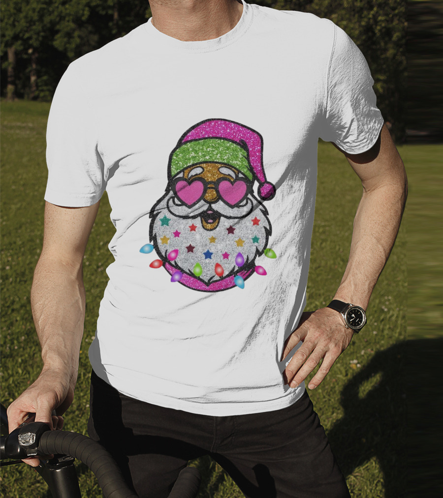 Glittery Pink Santa Claus With Heart Sunglasses And Colorful Stars And Holiday Lights T-Shirt