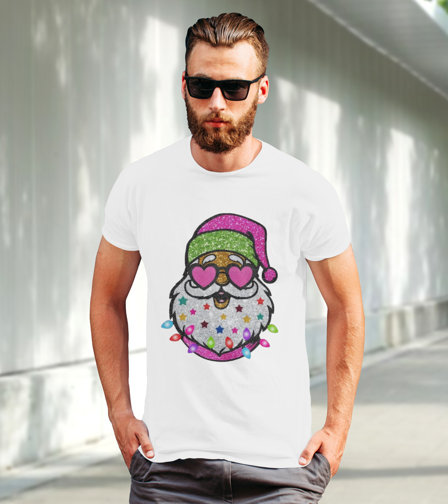 Glittery Pink Santa Claus With Heart Sunglasses And Colorful Stars And Holiday Lights T-Shirt