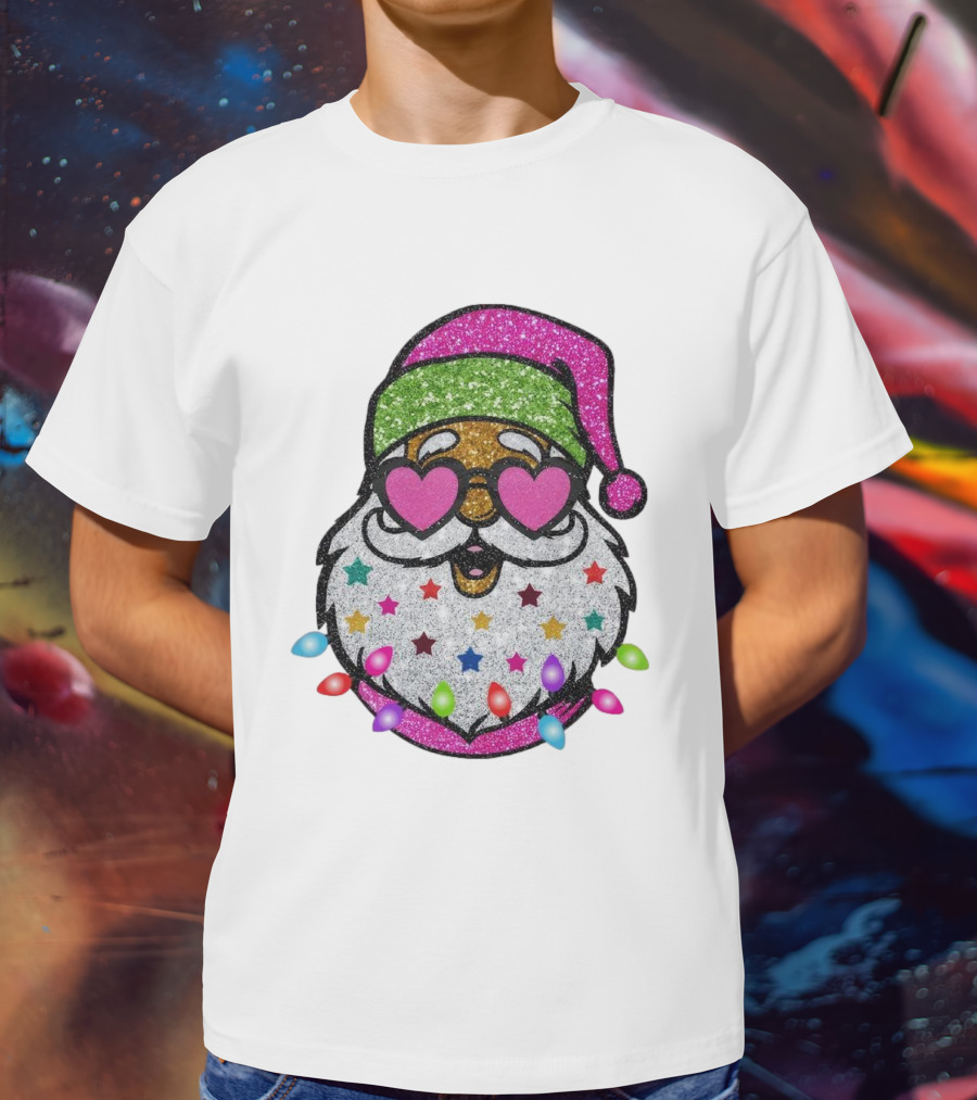 Glittery Pink Santa Claus With Heart Sunglasses And Colorful Stars And Holiday Lights T-Shirt