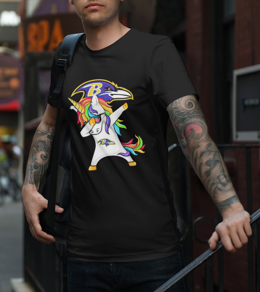 Unicorn Dabbing Baltimore Ravens Emblem Rainbow Colors T-Shirt