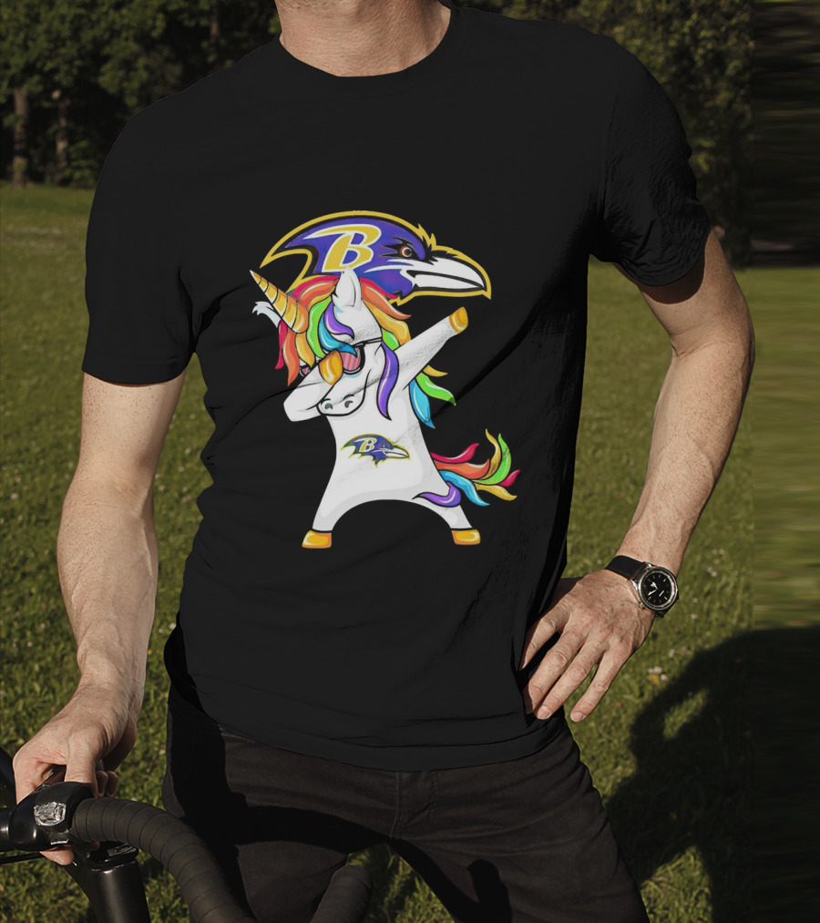 Unicorn Dabbing Baltimore Ravens Emblem Rainbow Colors T-Shirt