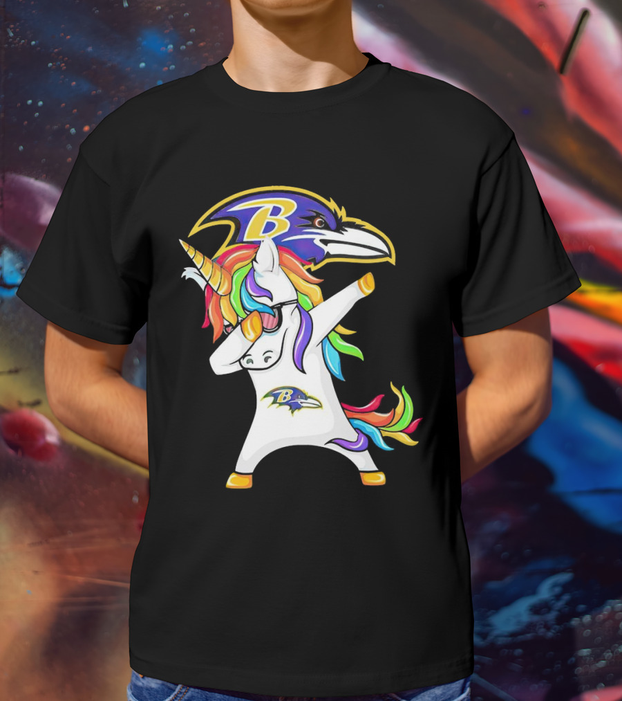 Unicorn Dabbing Baltimore Ravens Emblem Rainbow Colors T-Shirt