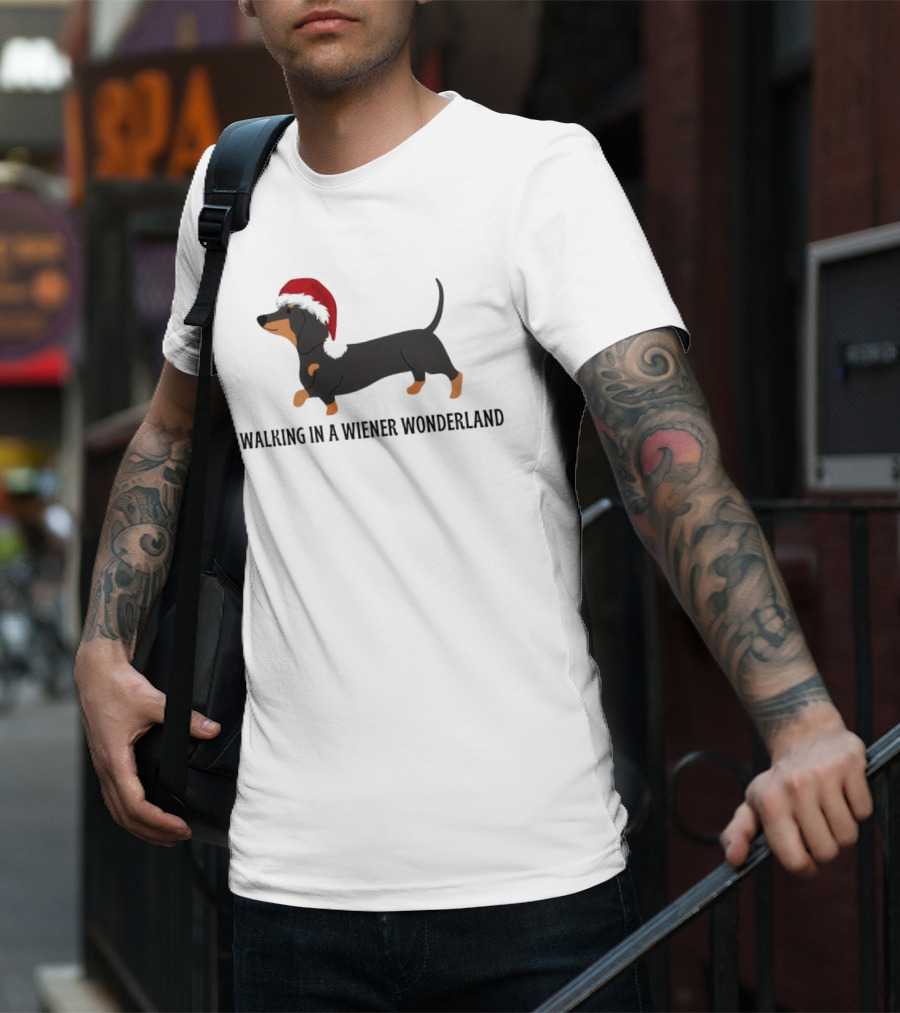 Christmas Walking In A Wiener Wonderland Dachshund With Santa Hat T-Shirt