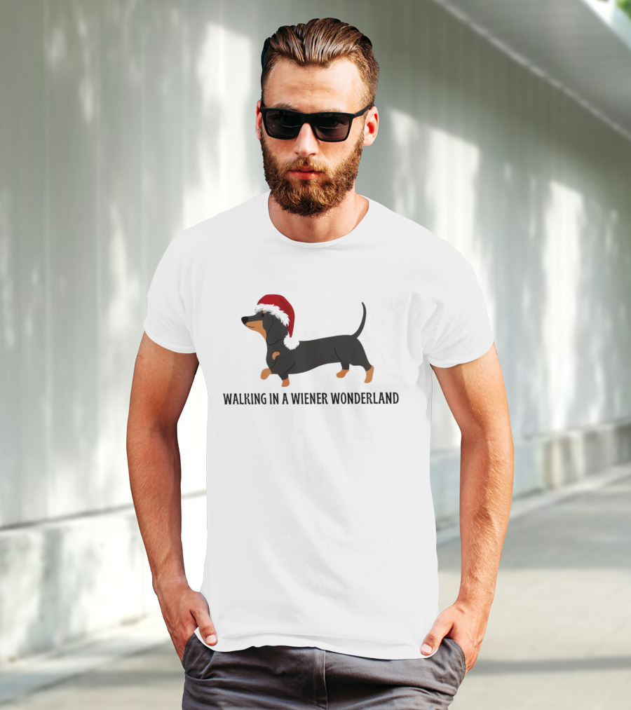 Christmas Walking In A Wiener Wonderland Dachshund With Santa Hat T-Shirt