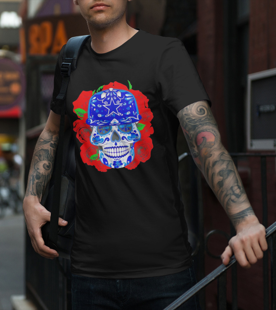 Dallas Cowboys Sugar Skull With Blue Star Hat And Roses T-Shirt