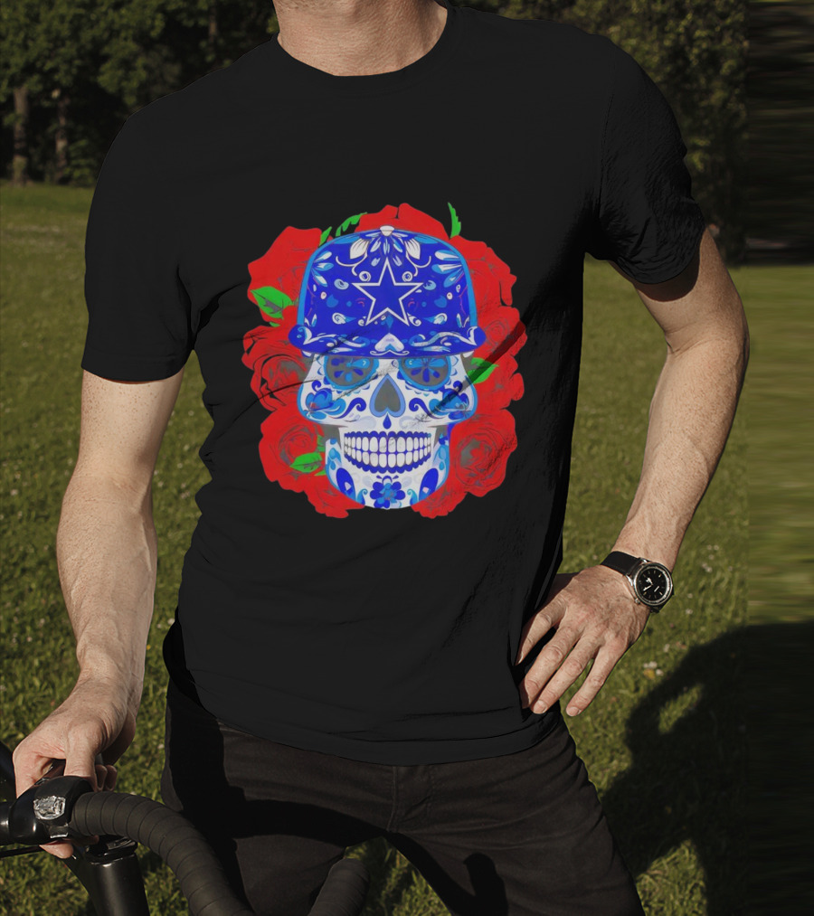 Dallas Cowboys Sugar Skull With Blue Star Hat And Roses T-Shirt