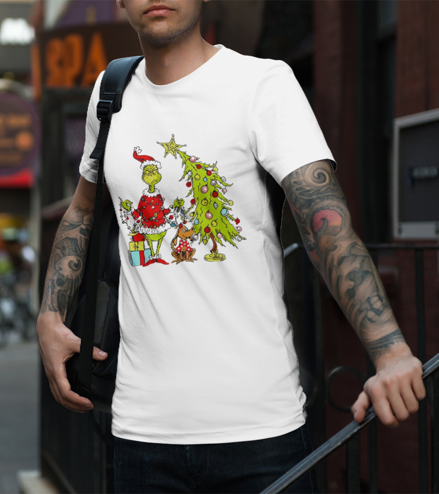 Grinch In Santa Hat And Dog With Christmas Tree And Presents T-Shirt