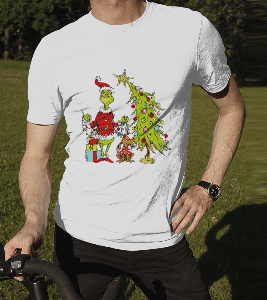 Grinch In Santa Hat And Dog With Christmas Tree And Presents T-Shirt