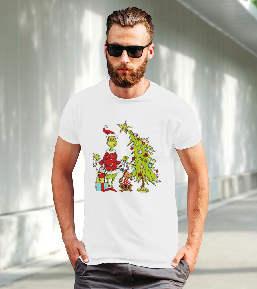 Grinch In Santa Hat And Dog With Christmas Tree And Presents T-Shirt
