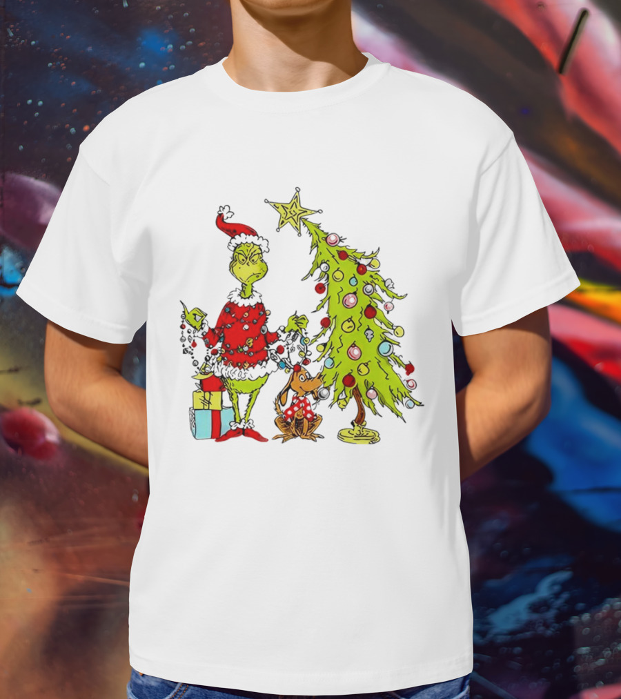 Grinch In Santa Hat And Dog With Christmas Tree And Presents T-Shirt