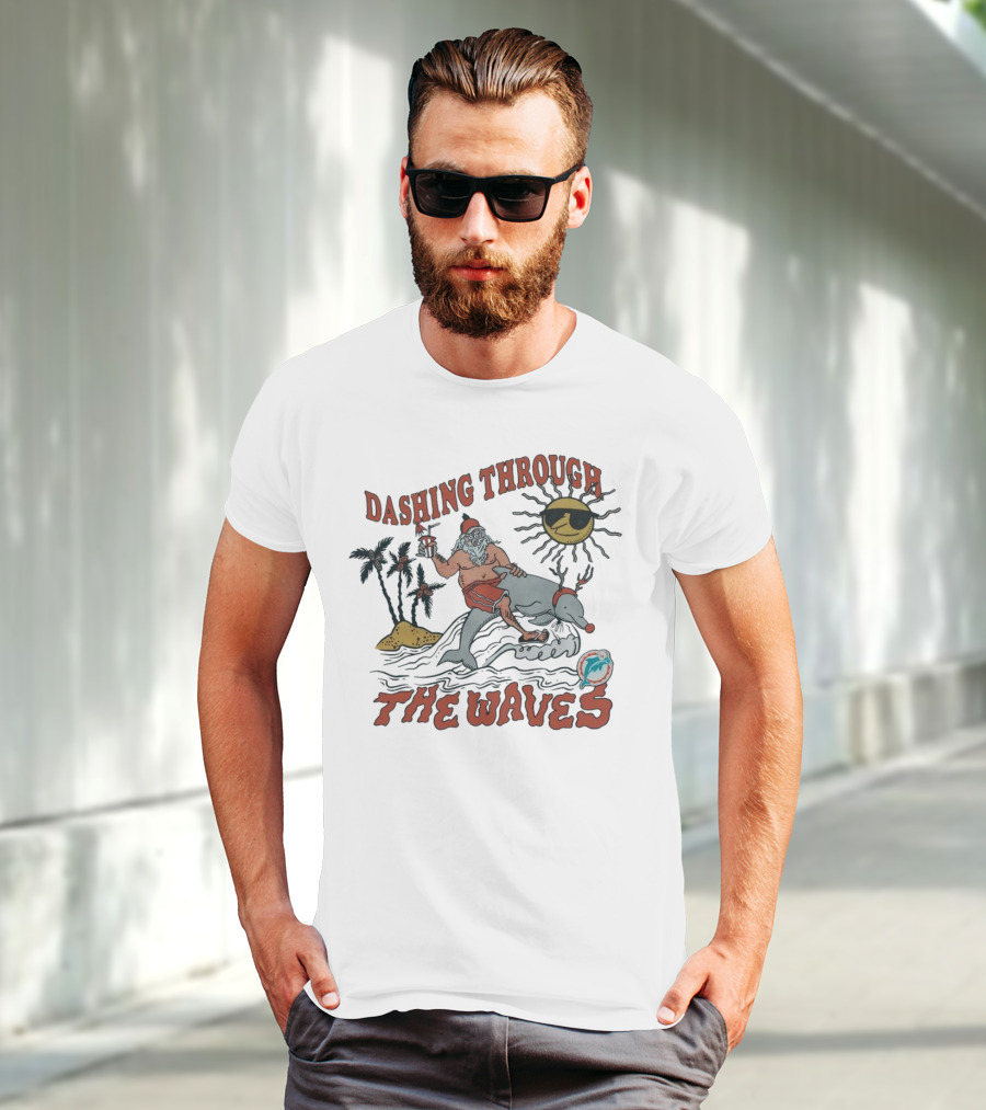 Dashing Through The Waves Miami Dolphins Christmas Santa Riding Dolphin T-Shirt