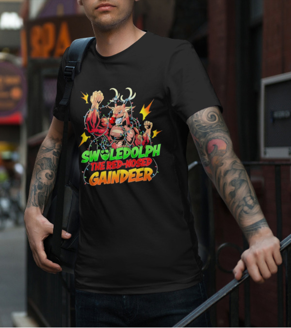 Swoledolph The Red-Nosed Gaindeer Christmas Lights Flexing T-Shirt
