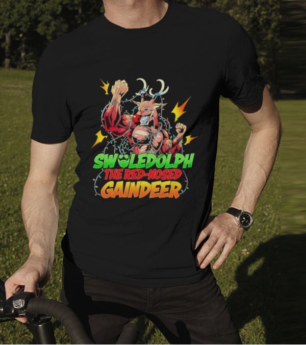 Swoledolph The Red-Nosed Gaindeer Christmas Lights Flexing T-Shirt