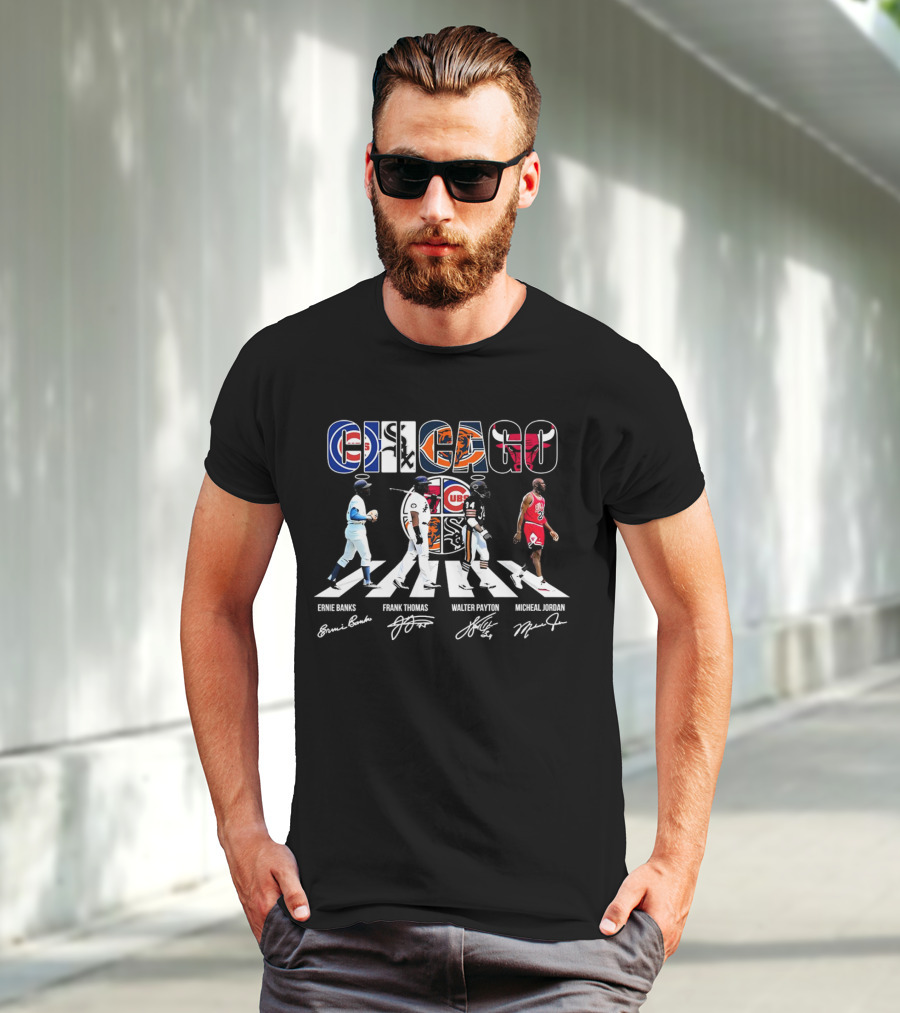 Chicago Cubs Bears Bulls Abbey Road Ernie Banks Frank Thomas Walter Payton Michael Jordan Signatures T-Shirt