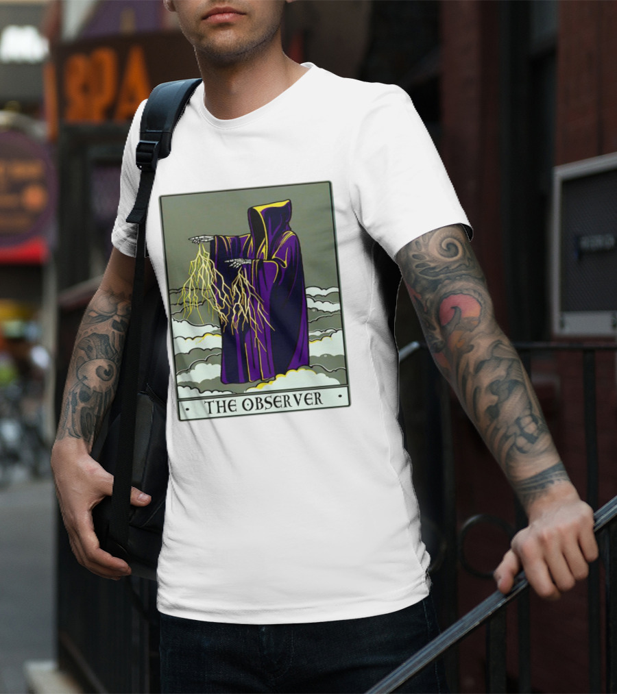 The Observer Hooded Figure With Lightning Tarot Card T-Shirt