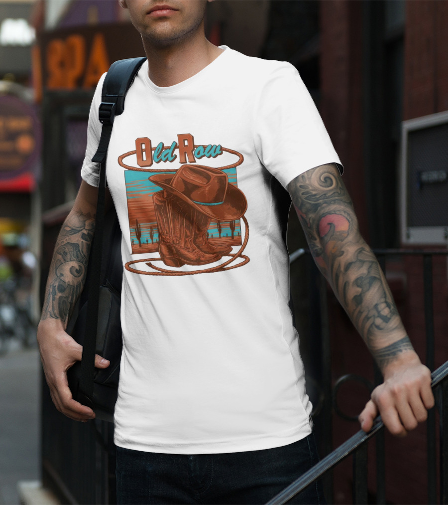 Old Row Western Cowboy Boots And Hat Desert Scene T-Shirt