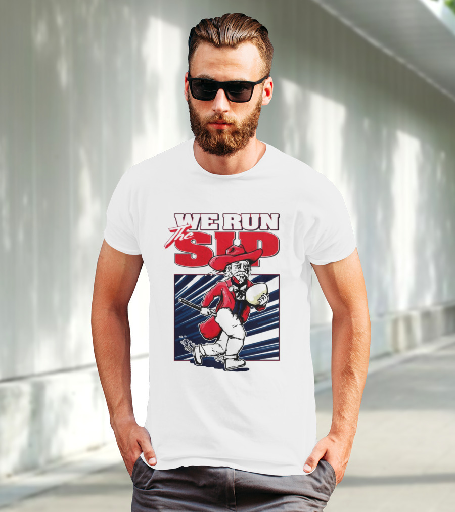 We Run The Sip Ole Miss Rebels Football Mascot Running With Ball T-Shirt