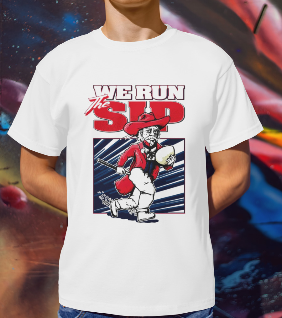 We Run The Sip Ole Miss Rebels Football Mascot Running With Ball T-Shirt