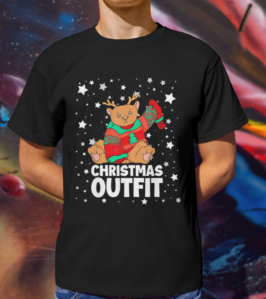 Bear Reindeer Christmas Outfit With Festive Sweater And Stars T-Shirt