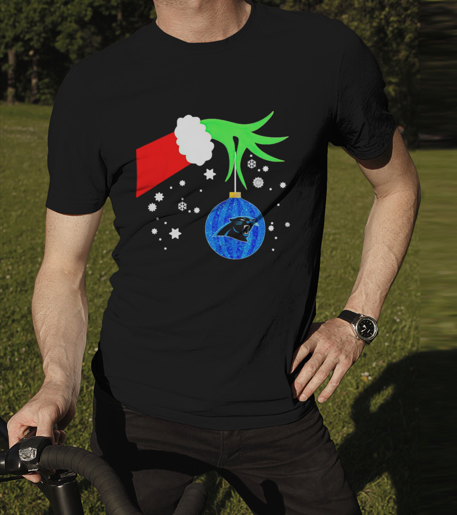 The Grinch Holding Carolina Panthers Christmas Ornament With Snowflakes T-Shirt