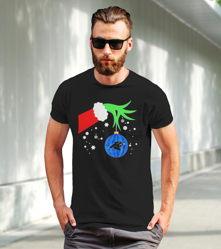 The Grinch Holding Carolina Panthers Christmas Ornament With Snowflakes T-Shirt