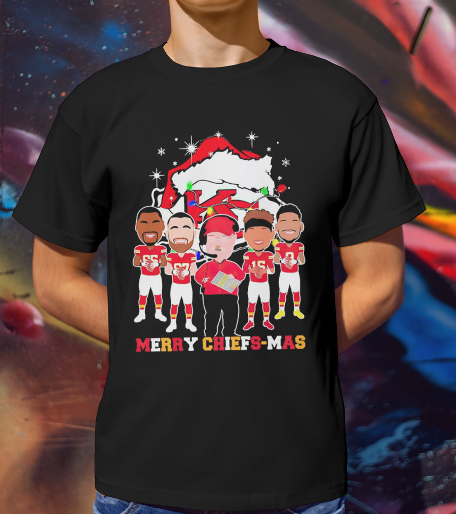 Kansas City Chiefs Merry Chiefs-Mas Christmas NFL Team Festive Cartoon Players And Santa Hat T-Shirt