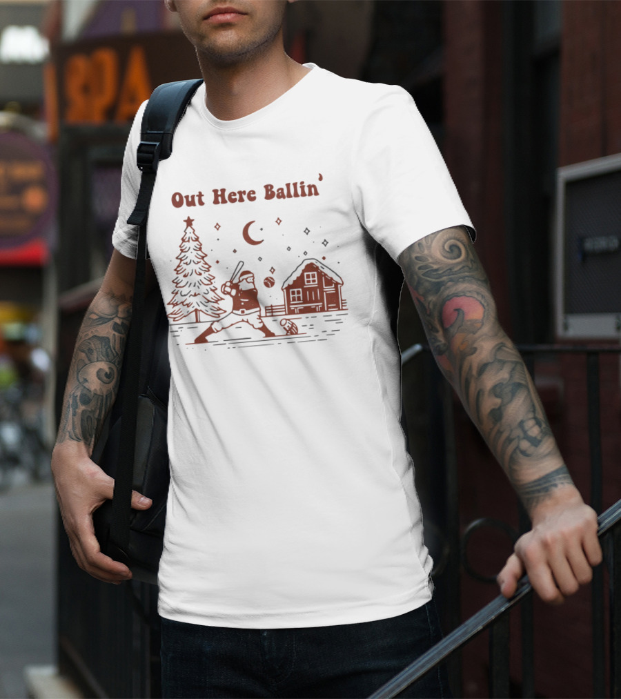 Out Here Ballin' Santa Playing Baseball Christmas Scene T-Shirt