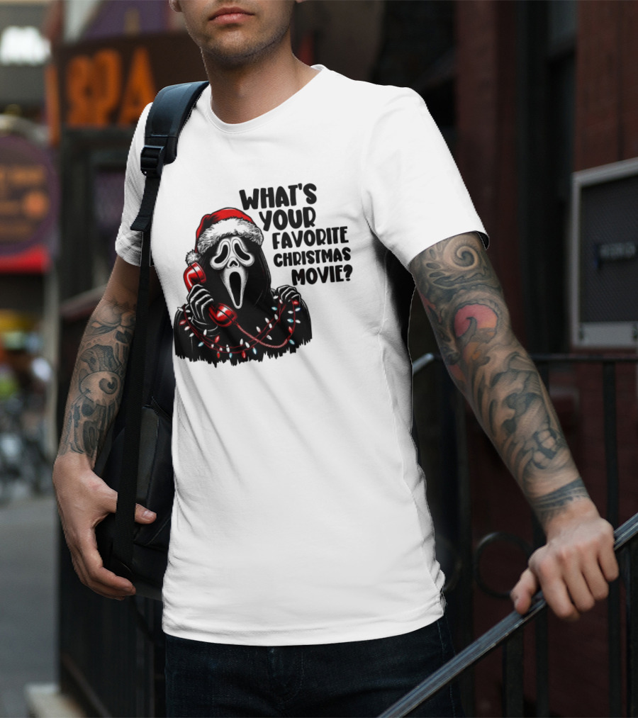 Ghostface What's Your Favorite Christmas Movie Festive Horror Santa Hat Phone Lights T-Shirt