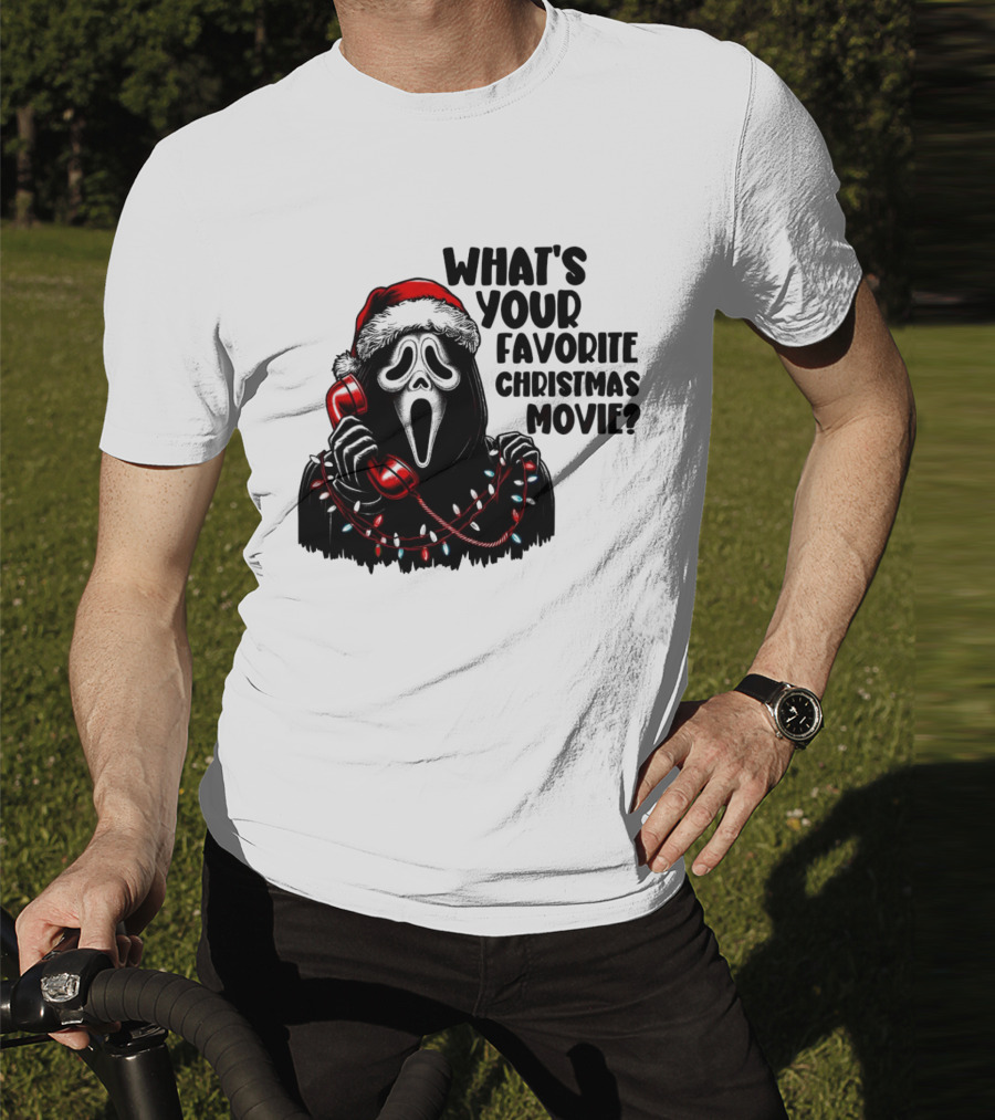 Ghostface What's Your Favorite Christmas Movie Festive Horror Santa Hat Phone Lights T-Shirt