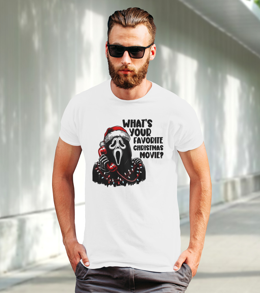 Ghostface What's Your Favorite Christmas Movie Festive Horror Santa Hat Phone Lights T-Shirt