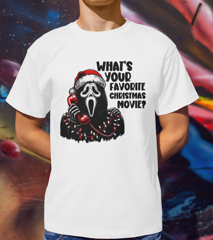 Ghostface What's Your Favorite Christmas Movie Festive Horror Santa Hat Phone Lights T-Shirt